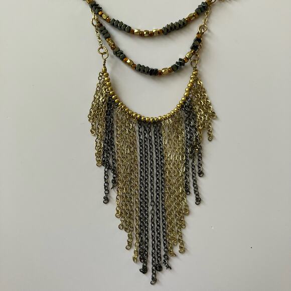 Fringe chain beaded statement necklace gold and gunmetal, boho chic indie - Picture 2 of 4